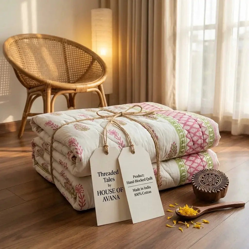 House of Avana Cream & Rose Pink Floral Jaipur Indian Hand Block Print Quilted Comforter by House Of Avana