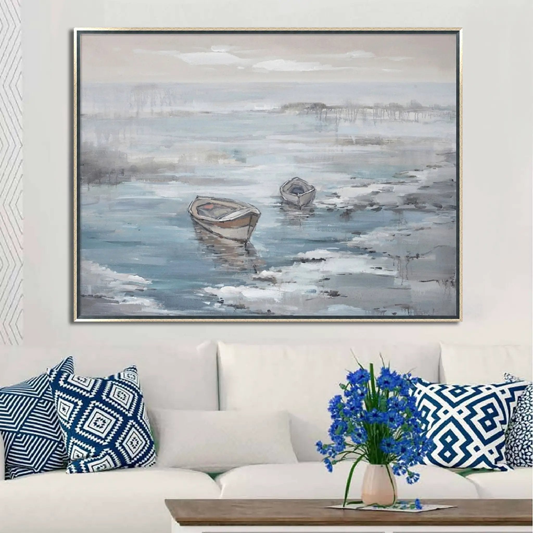 Hand Painted Acrylic Wall Art Ocean with Boats on a 47 x 35 Rectangular Canvas with a Silver Wooden Frame by Sharicks