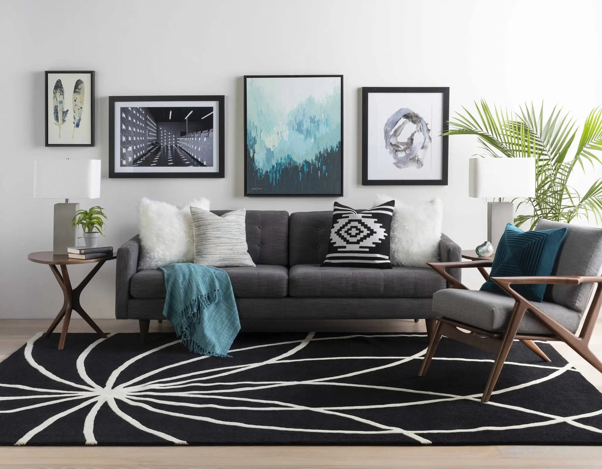 Davison Black Geometric Wool Carpet, installed in a room 5