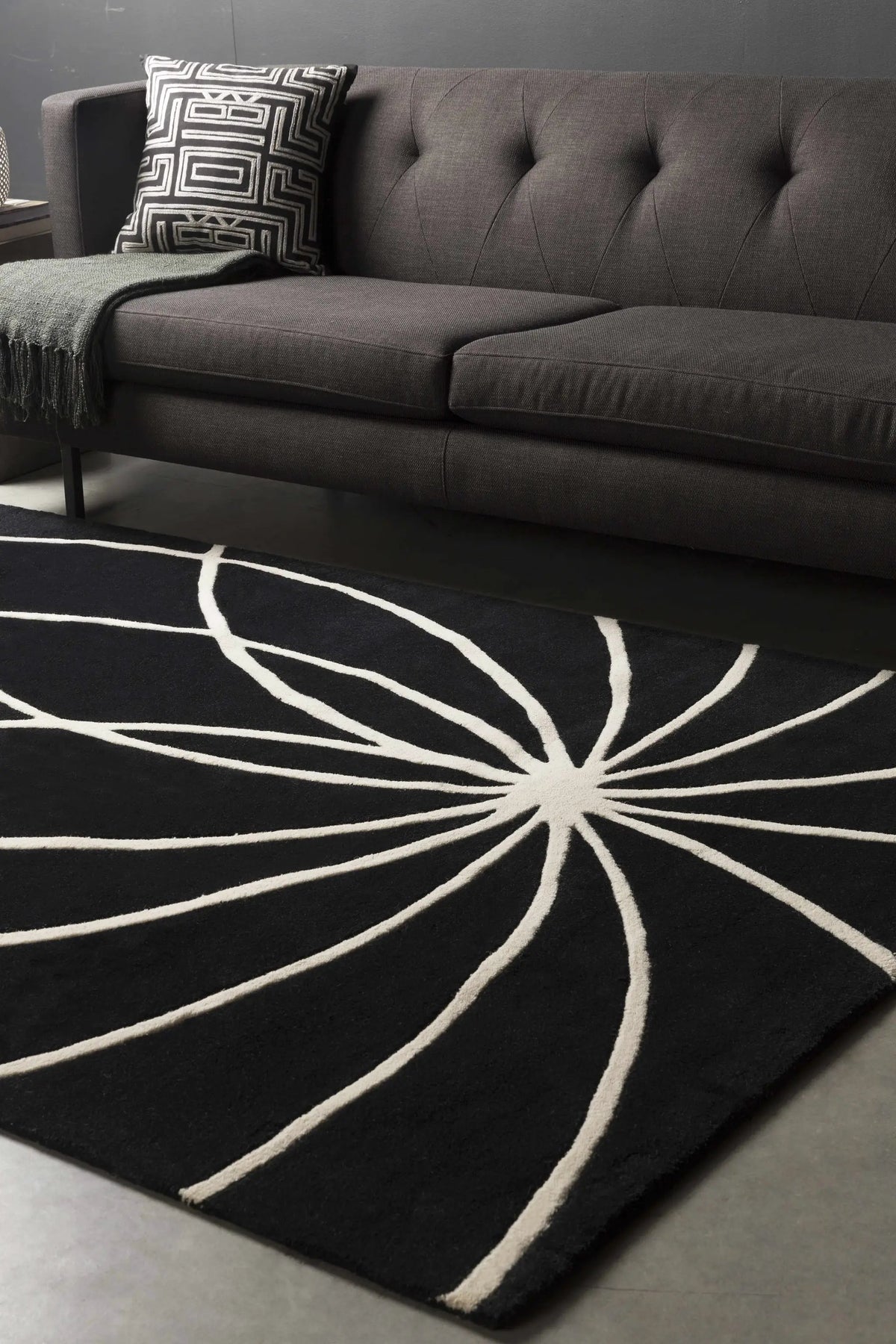 Davison Black Geometric Wool Carpet, installed in a room 4