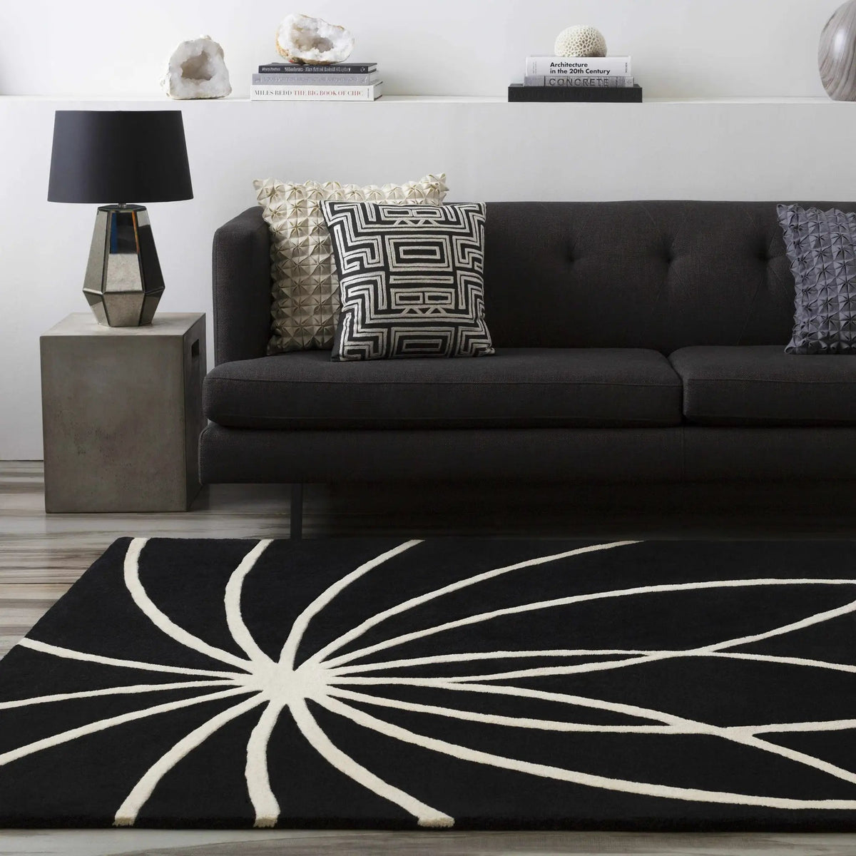 Davison Black Geometric Wool Carpet, installed in a room 6