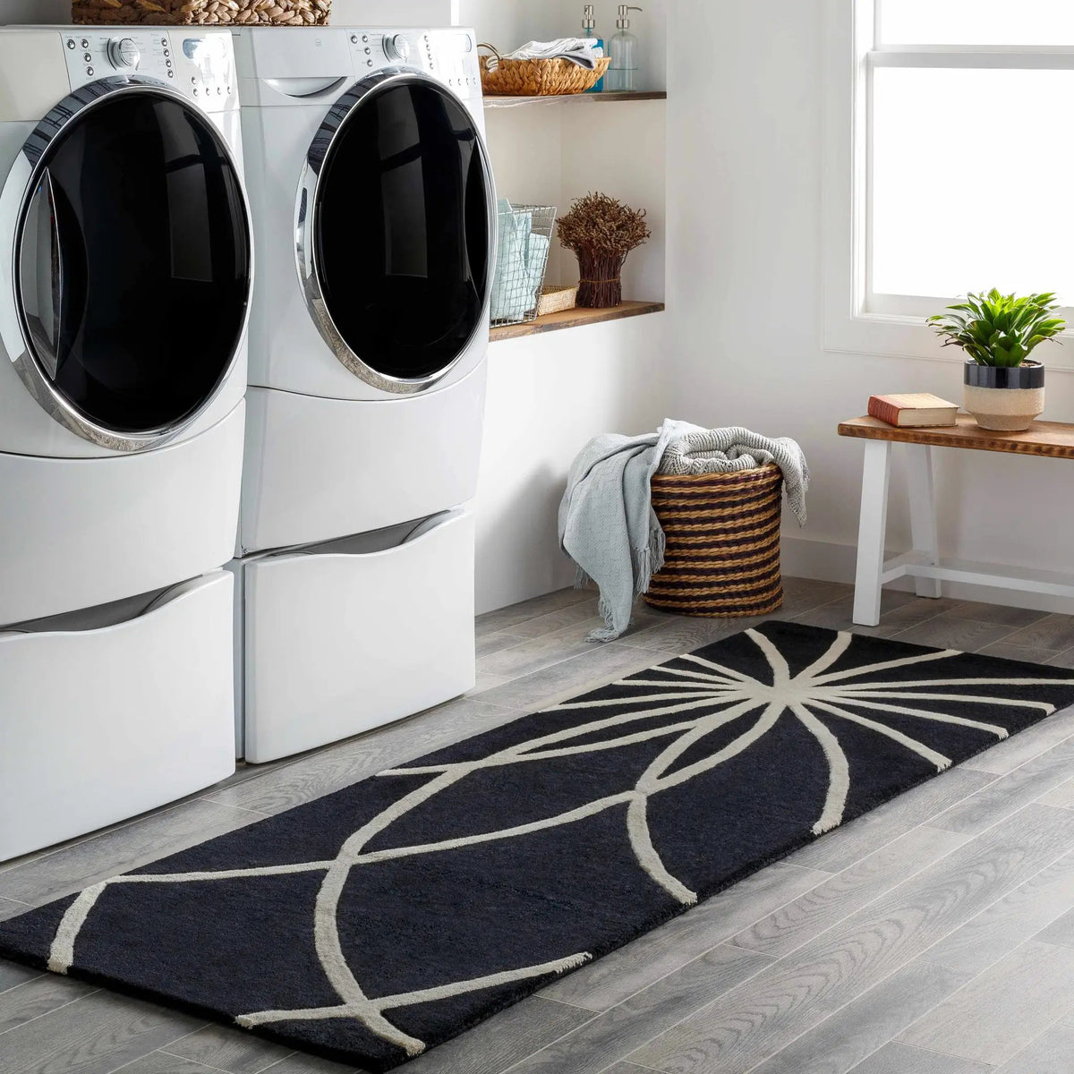Davison Black Geometric Wool Carpet, installed in a room 2