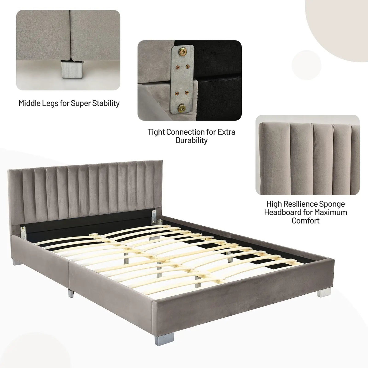 Full Tufted Upholstered Platform Bed Frame with Flannel Headboard, photo 8 of 16