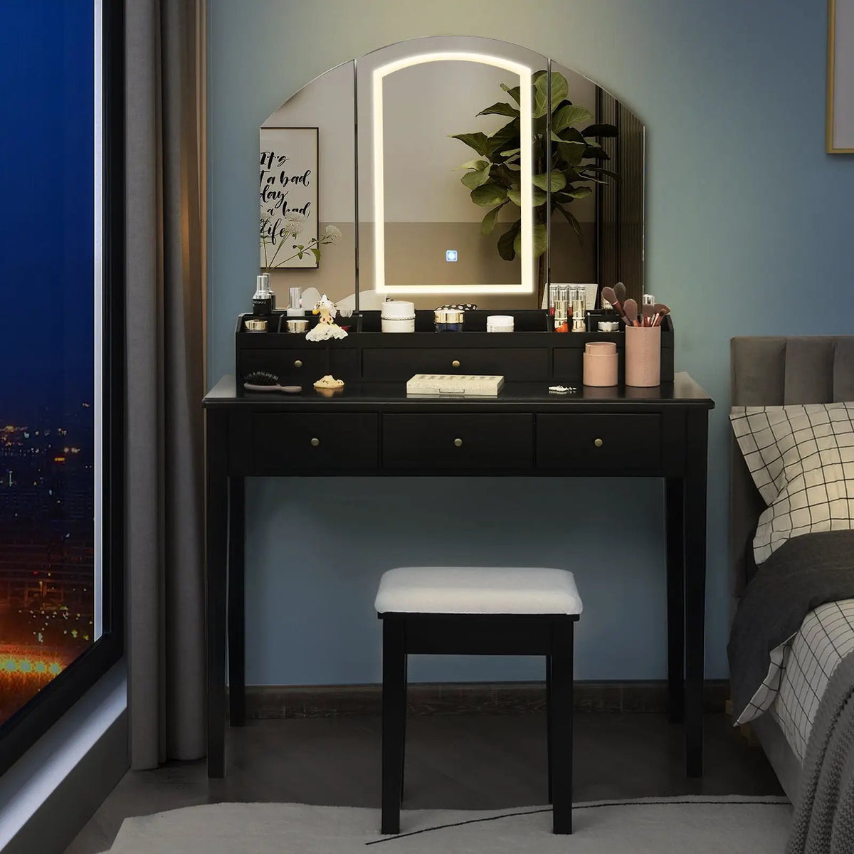 Vanity Table Stool Set with Large Tri-folding Lighted Mirror, photo 2 of 9