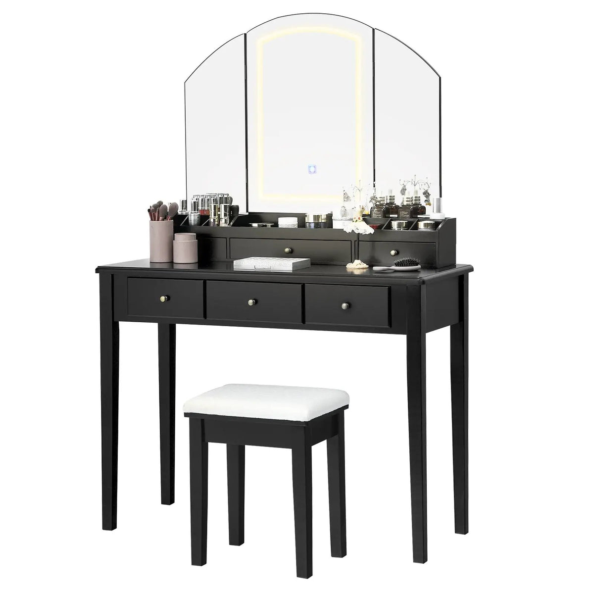 Vanity Table Stool Set with Large Tri-folding Lighted Mirror, photo 8 of 9