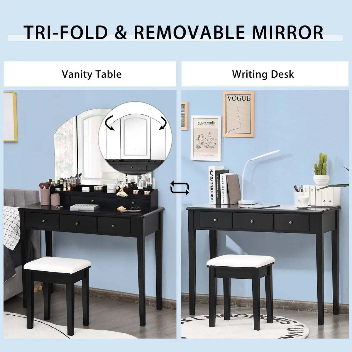 Vanity Table Stool Set with Large Tri-folding Lighted Mirror, photo 6 of 9
