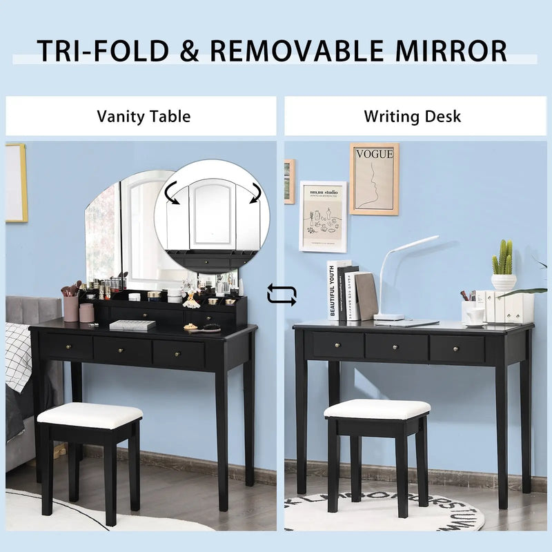 Vanity Table Stool Set with Large Tri-folding Lighted Mirror by DirectDeals