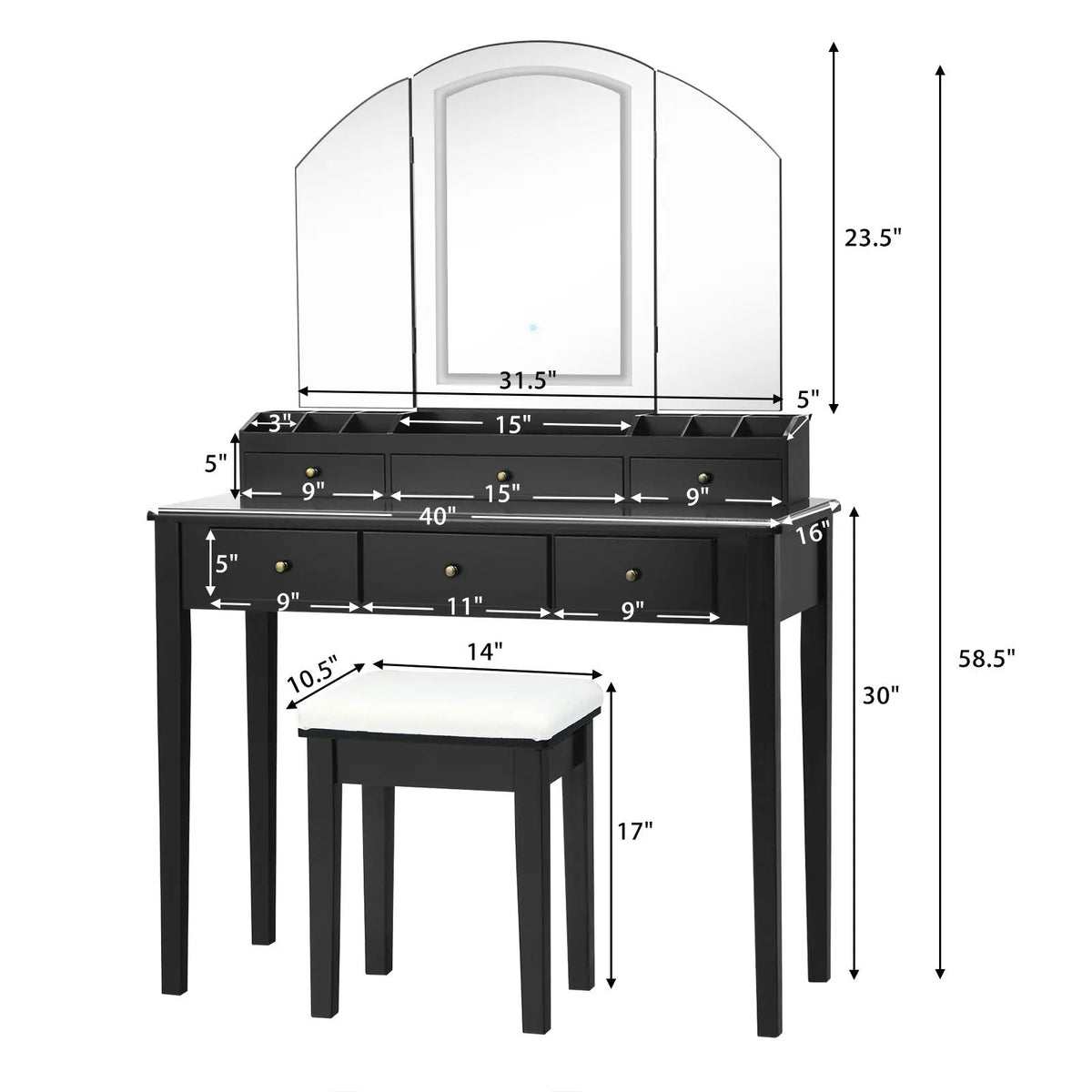 Vanity Table Stool Set with Large Tri-folding Lighted Mirror, photo 5 of 9