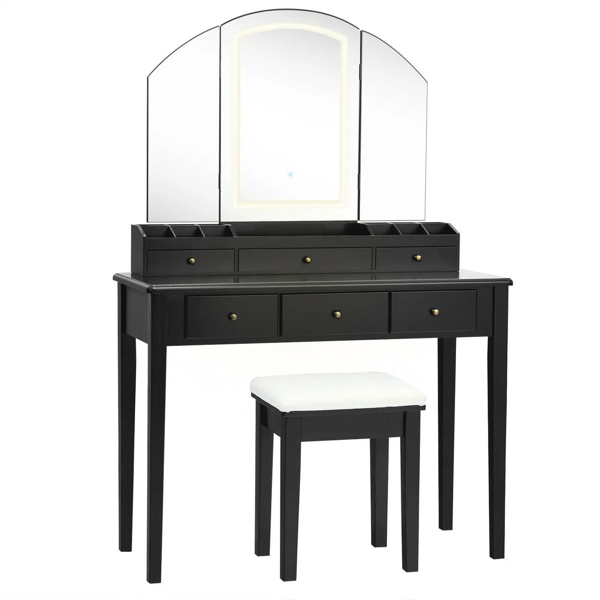 Vanity Table Stool Set with Large Tri-folding Lighted Mirror, photo 3 of 9