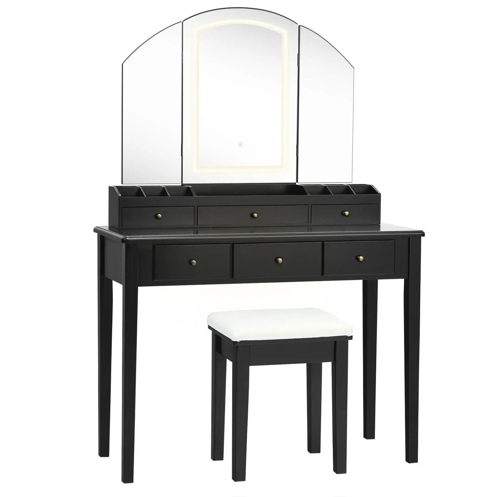 Vanity Table Stool Set with Large Tri-folding Lighted Mirror by DirectDeals
