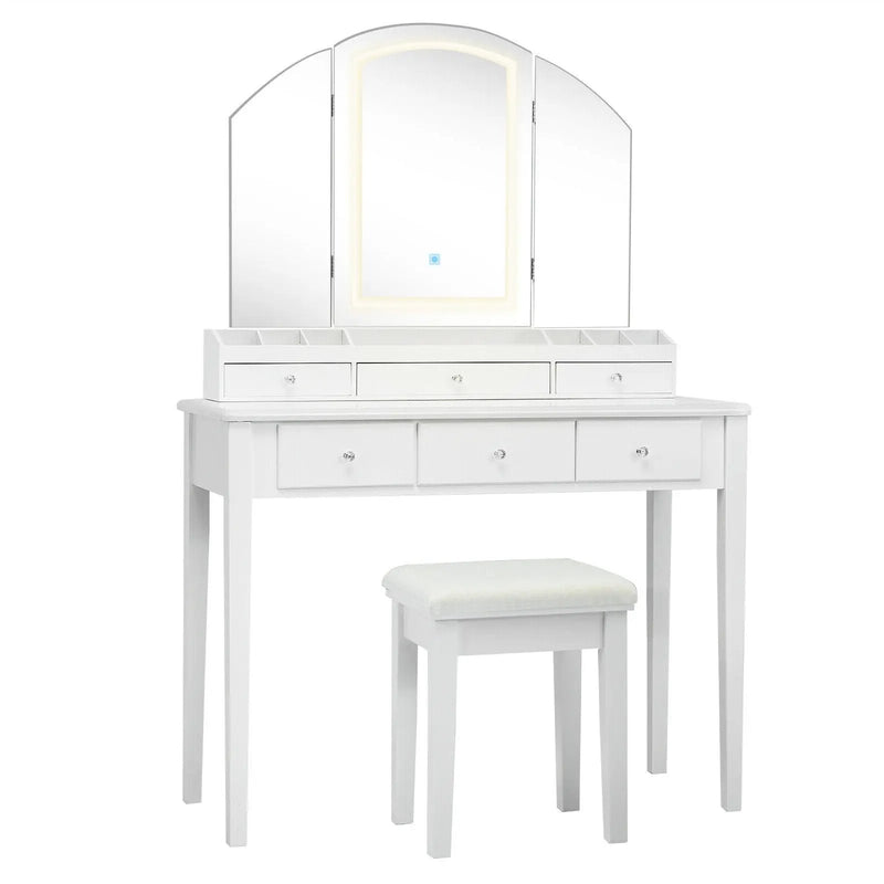 Vanity Table Stool Set with Large Tri-folding Lighted Mirror by DirectDeals