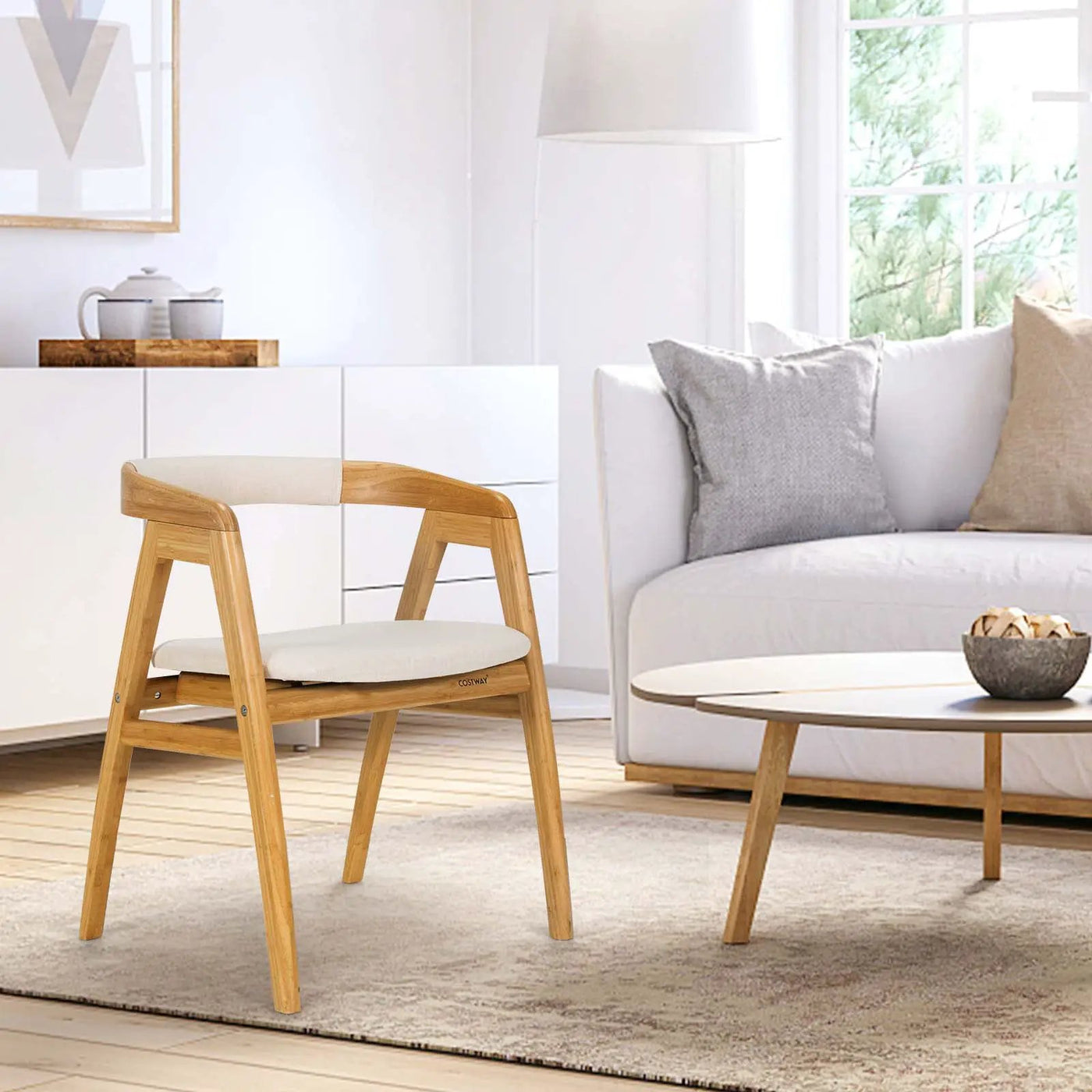 Leisure Bamboo Dining Chair with Curved Back and Anti-slip Foot Pads-Natural by DirectDeals