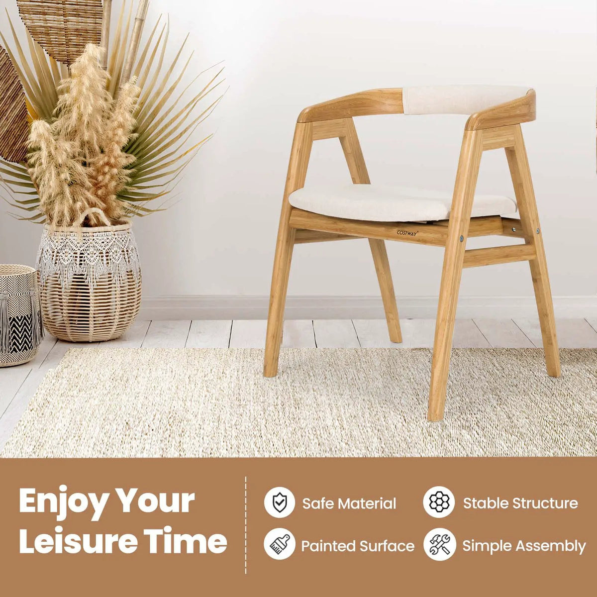 Leisure Bamboo Dining Chair with Curved Back and Anti-slip Foot Pads-Natural by DirectDeals