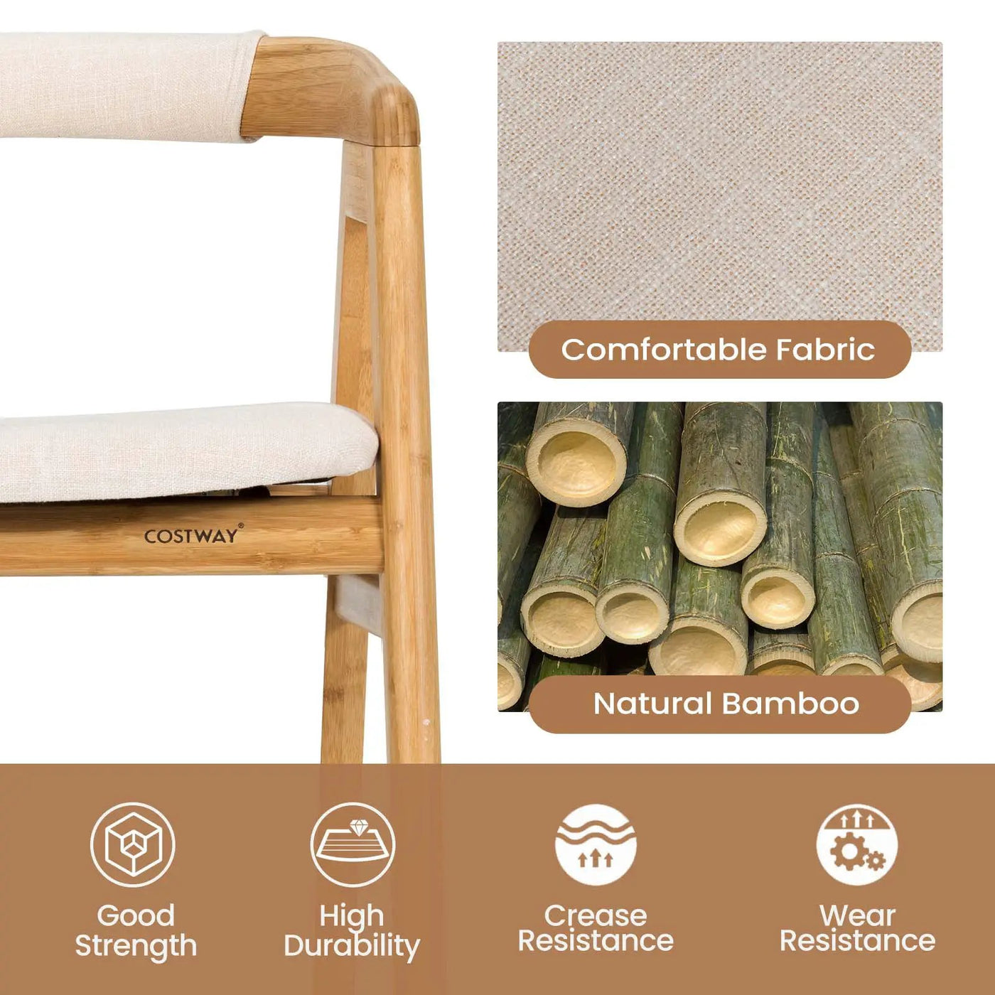 Leisure Bamboo Dining Chair with Curved Back and Anti-slip Foot Pads-Natural by DirectDeals