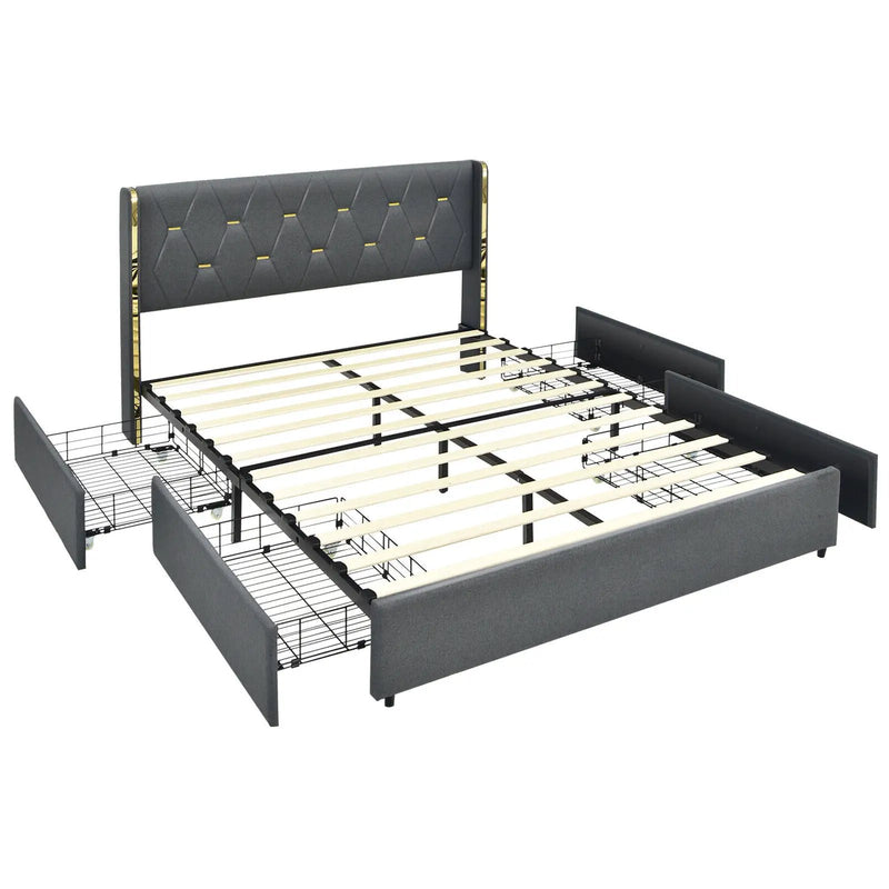 Full/Queen Size Upholstered Bed Frame with 4 Storage Drawers by DirectDeals