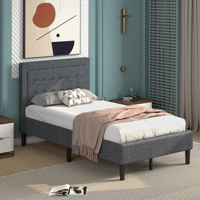 Twin Size Upholstered Bed Frame with Button Tufted Headboard by DirectDeals