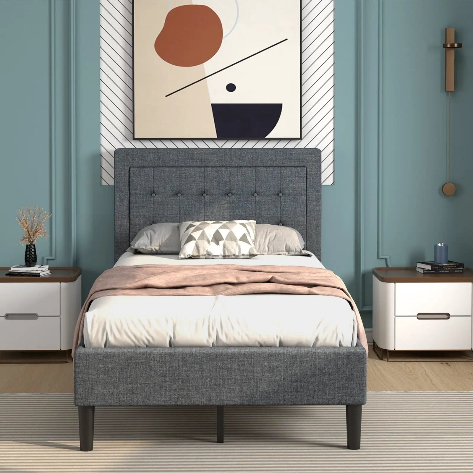 Twin Size Upholstered Bed Frame with Button Tufted Headboard by DirectDeals