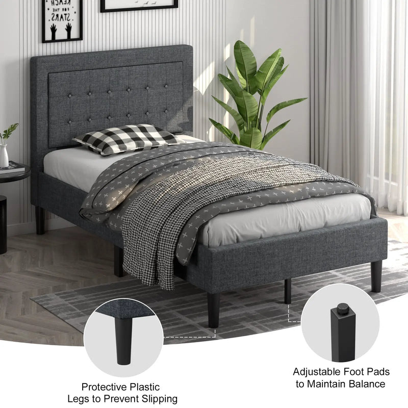 Twin Size Upholstered Bed Frame with Button Tufted Headboard by DirectDeals