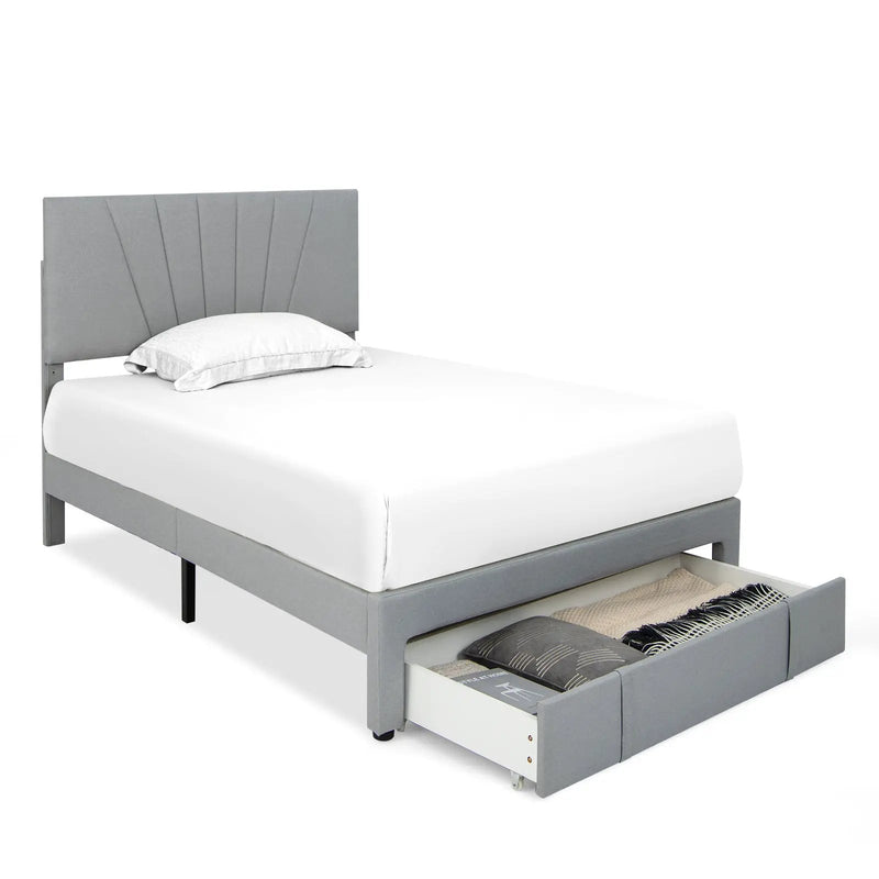Full/Queen Size Upholstered Bed Frame with Drawer and Adjustable Headboard by DirectDeals