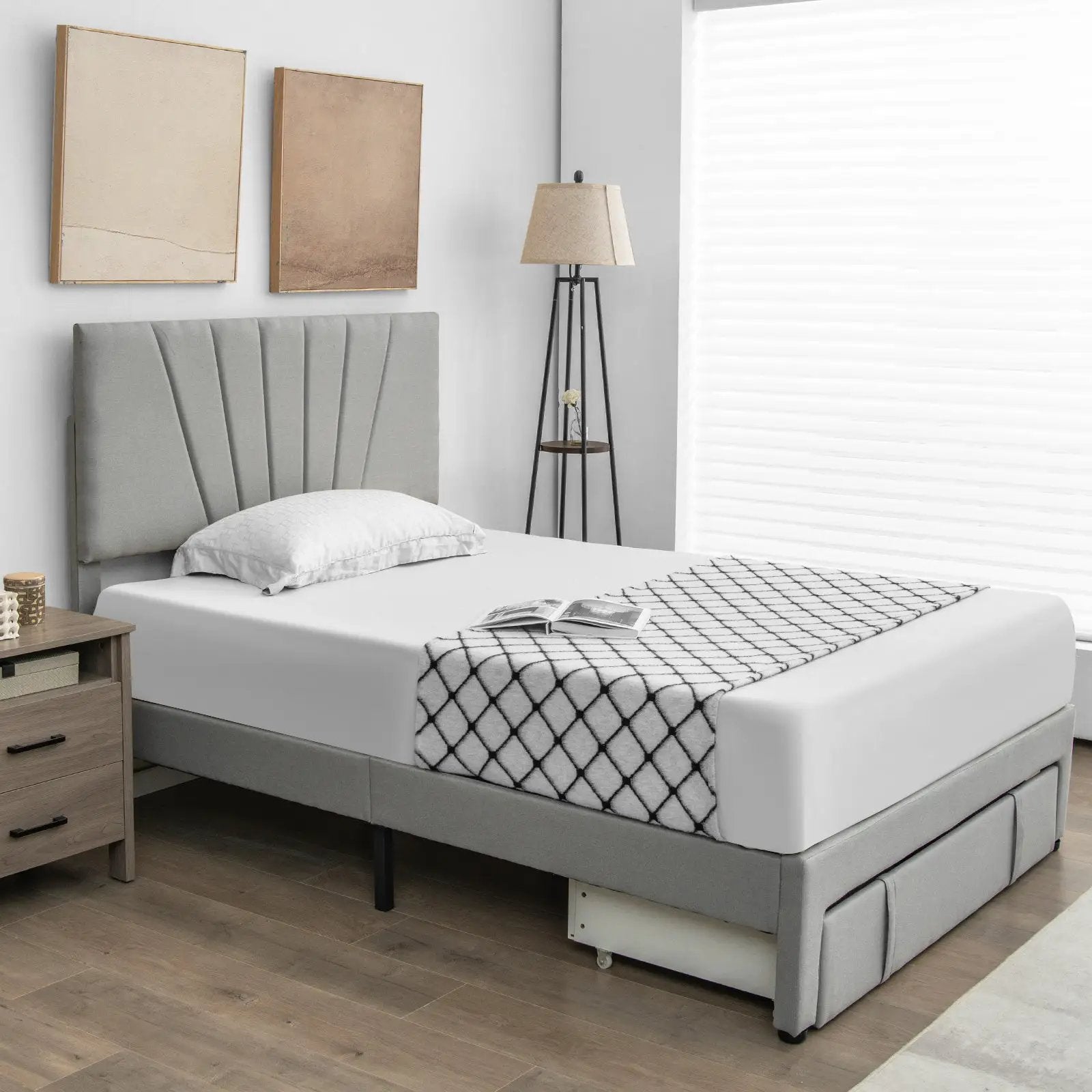 Full/Queen Size Upholstered Bed Frame with Drawer and Adjustable Headboard by DirectDeals