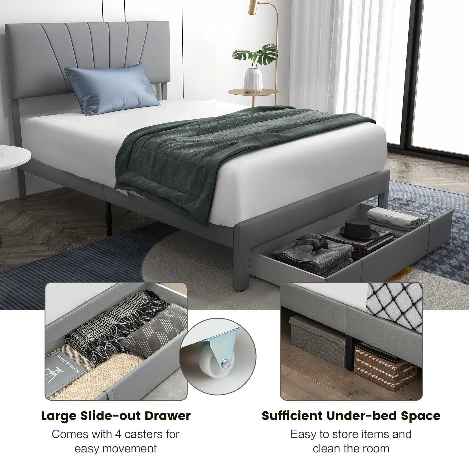 Full/Queen Size Upholstered Bed Frame with Drawer and Adjustable Headboard by DirectDeals
