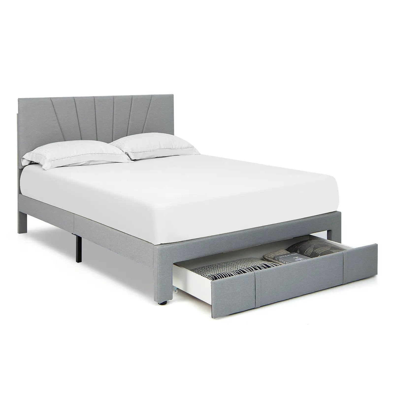 Full/Queen Size Upholstered Bed Frame with Drawer and Adjustable Headboard by DirectDeals