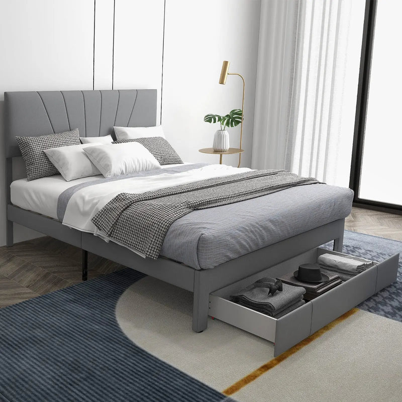Full/Queen Size Upholstered Bed Frame with Drawer and Adjustable Headboard by DirectDeals
