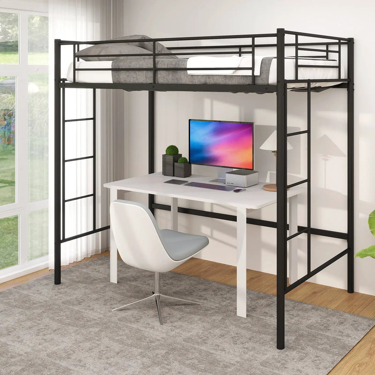 Twin Loft Bed Frame with 2 Ladders Full-length Guardrail, photo 6 of 10