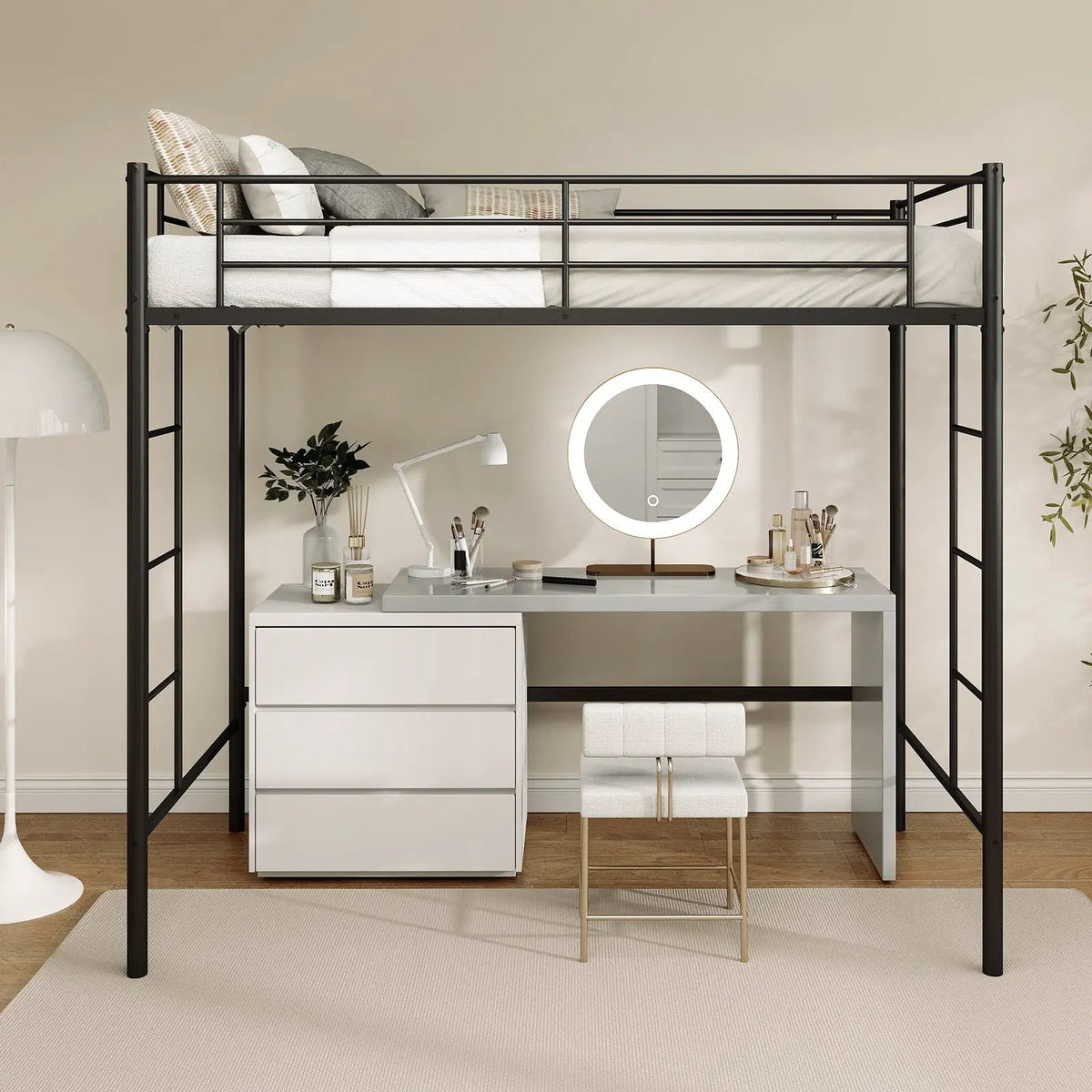 Twin Loft Bed Frame with 2 Ladders Full-length Guardrail