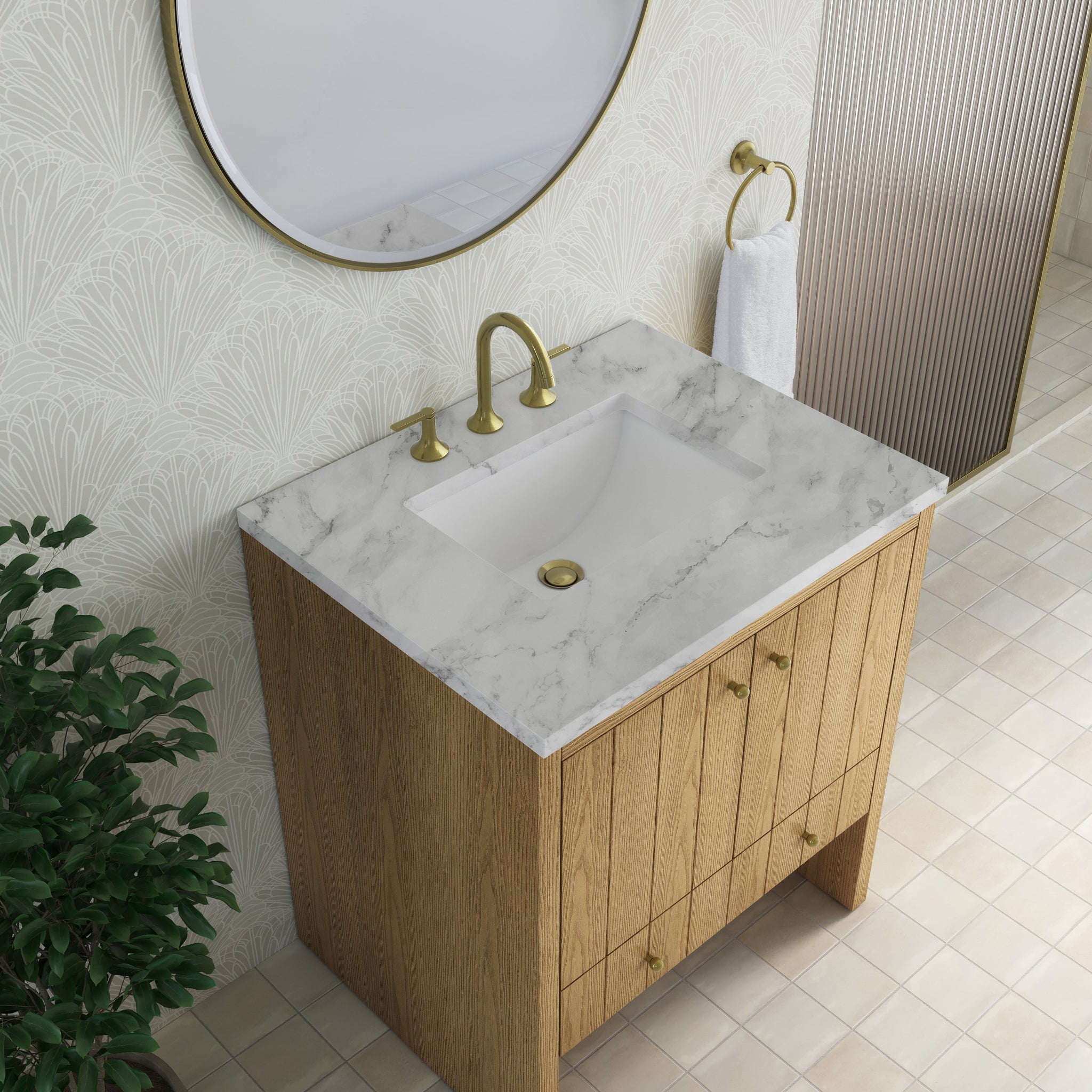 James Martin Hudson 30" Single Bathroom Vanity, Light Natural Oak with Carrara White countertop