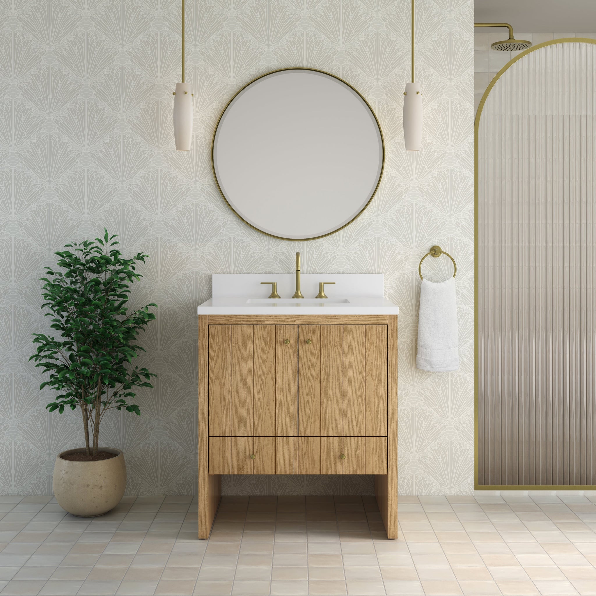 James Martin Hudson 30" Single Bathroom Vanity, Light Natural Oak with White Zeus (Single Hole) countertop