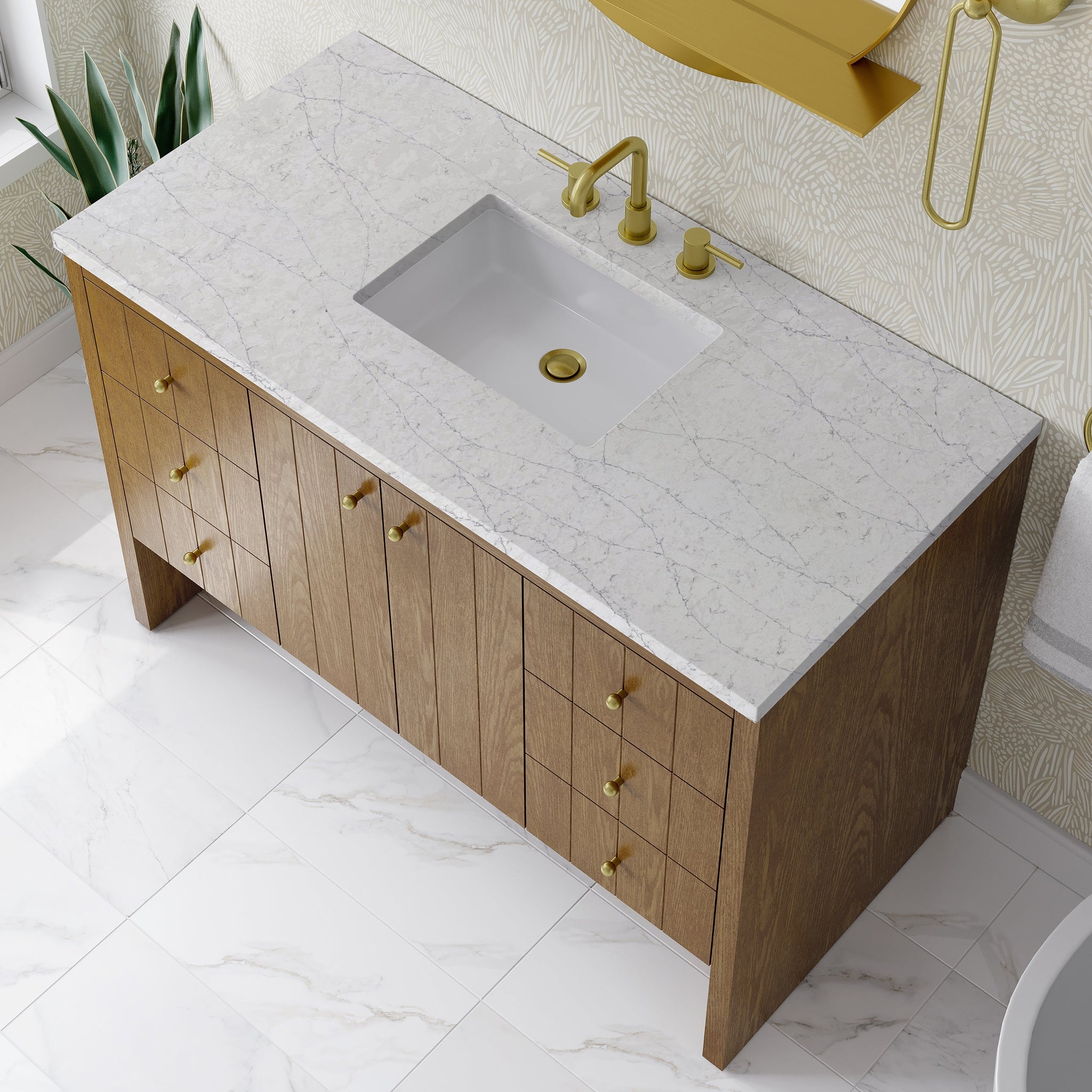 James Martin Hudson 48" Single Bathroom Vanity, Honey Oak with Eternal Jasmine Pearl countertop