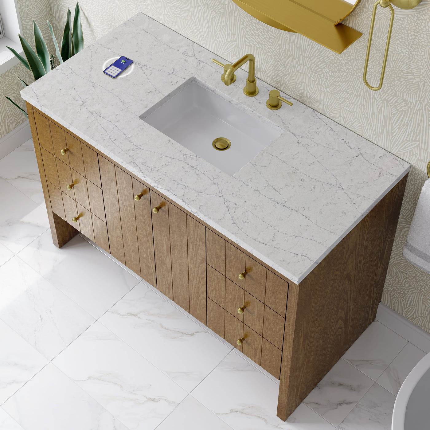 James Martin Hudson 48" Single Bathroom Vanity, Honey Oak with Eternal Jasmine Pearl (FreePower) countertop