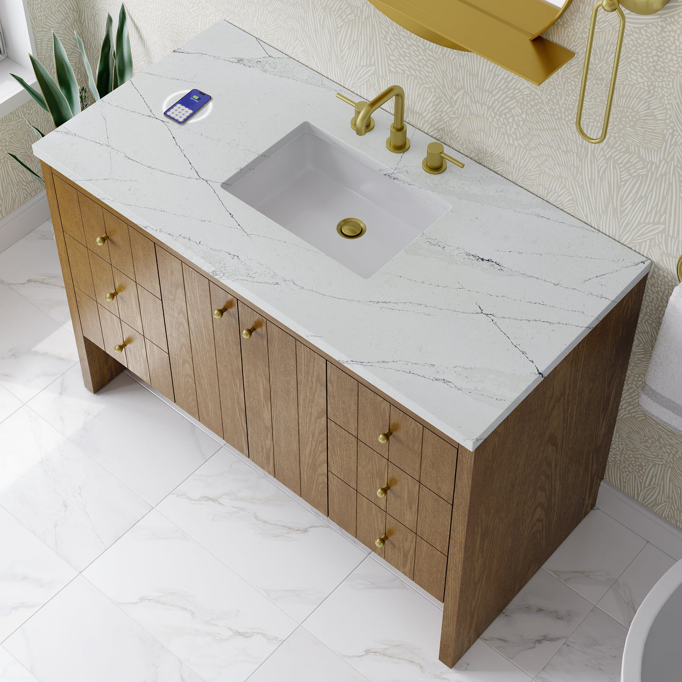 James Martin Hudson 48" Single Bathroom Vanity, Honey Oak with Ethereal Noctis (FreePower) countertop