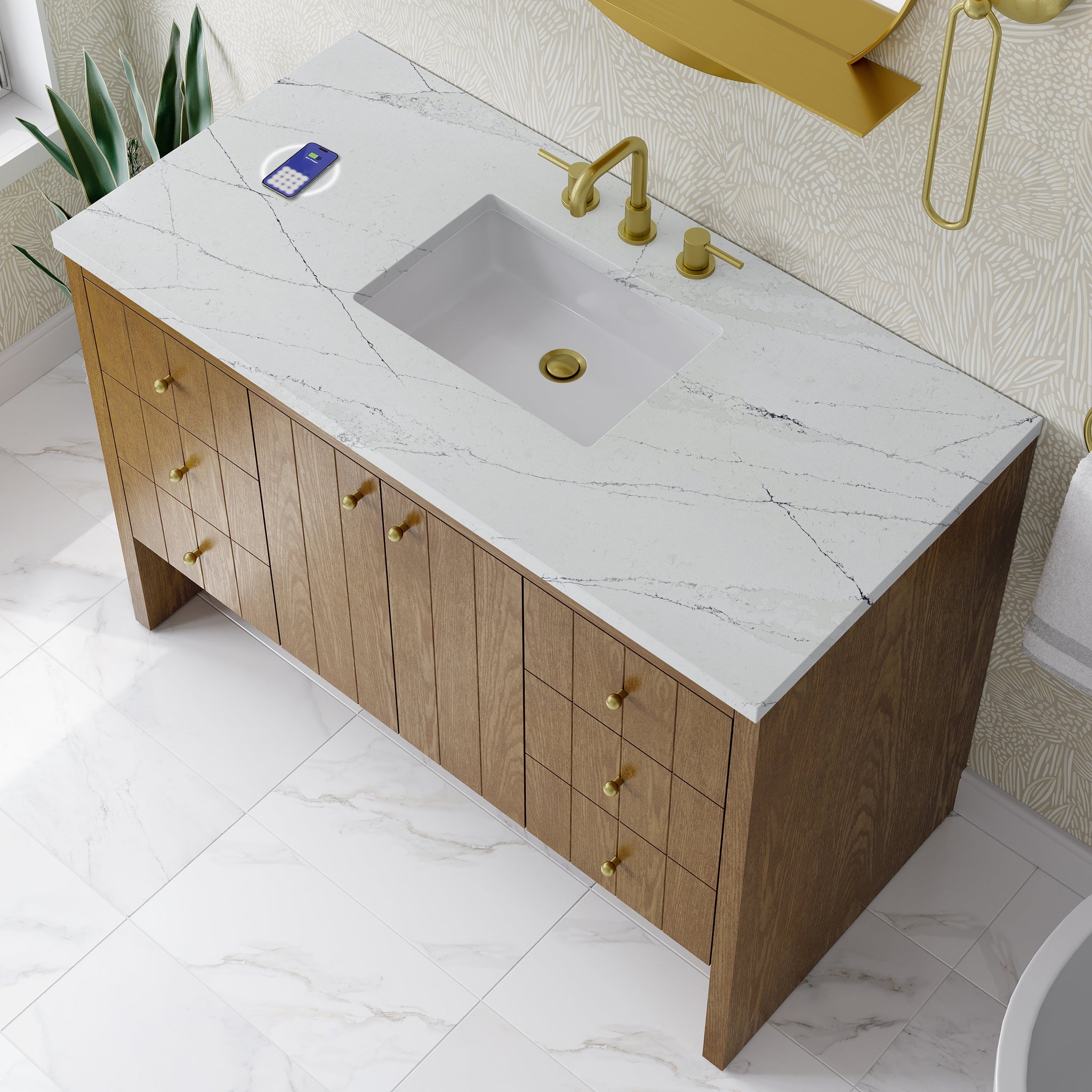 James Martin Hudson 48" Single Bathroom Vanity, Honey Oak with Ethereal Noctis (FreePower) countertop