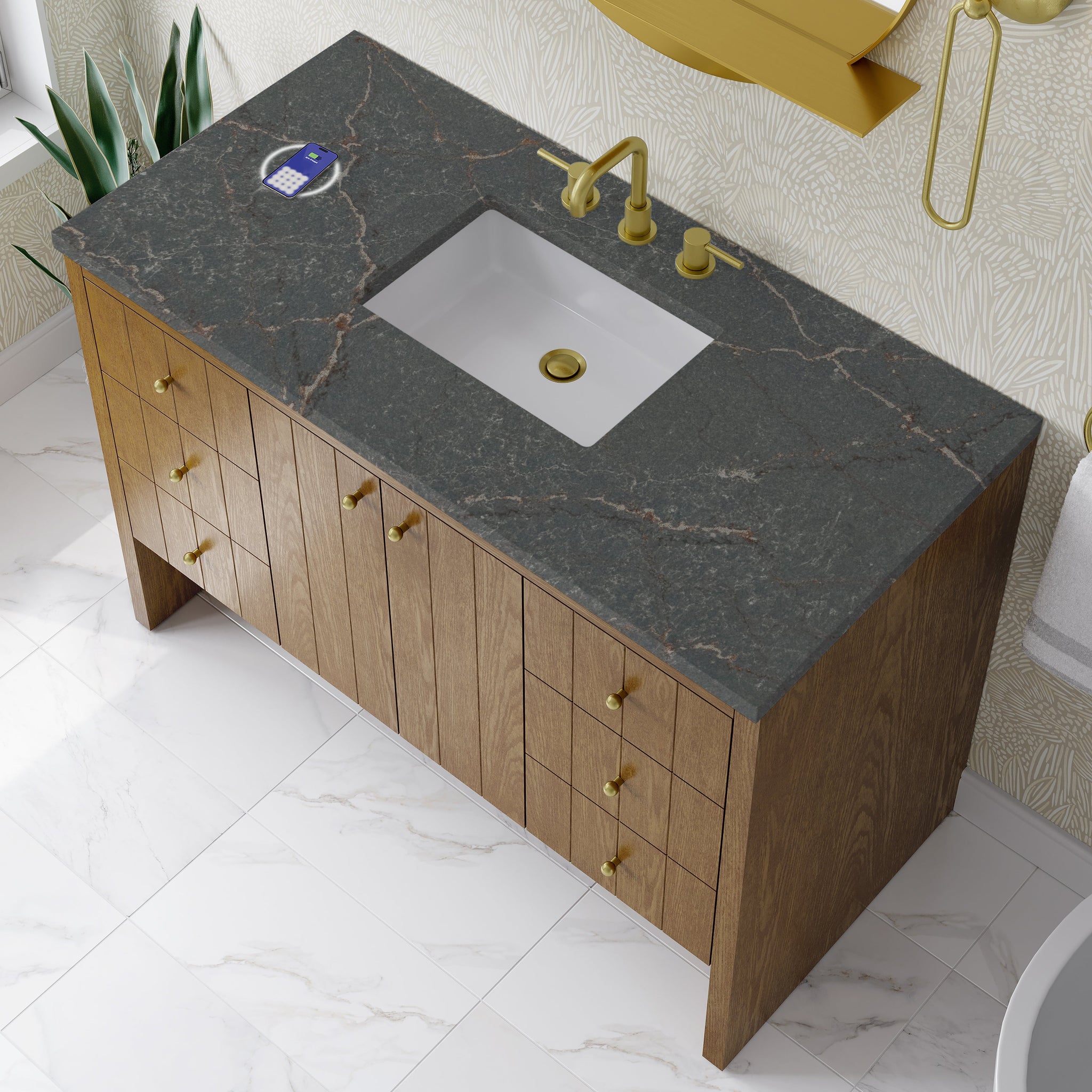 James Martin Hudson 48" Single Bathroom Vanity, Honey Oak with Parisien Bleu (FreePower) countertop
