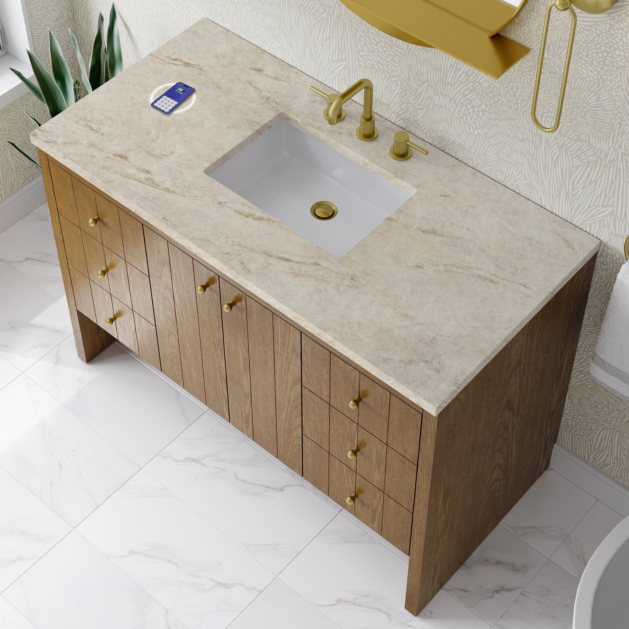 James Martin Hudson 48" Single Bathroom Vanity, Honey Oak with Tajnar (FreePower) countertop