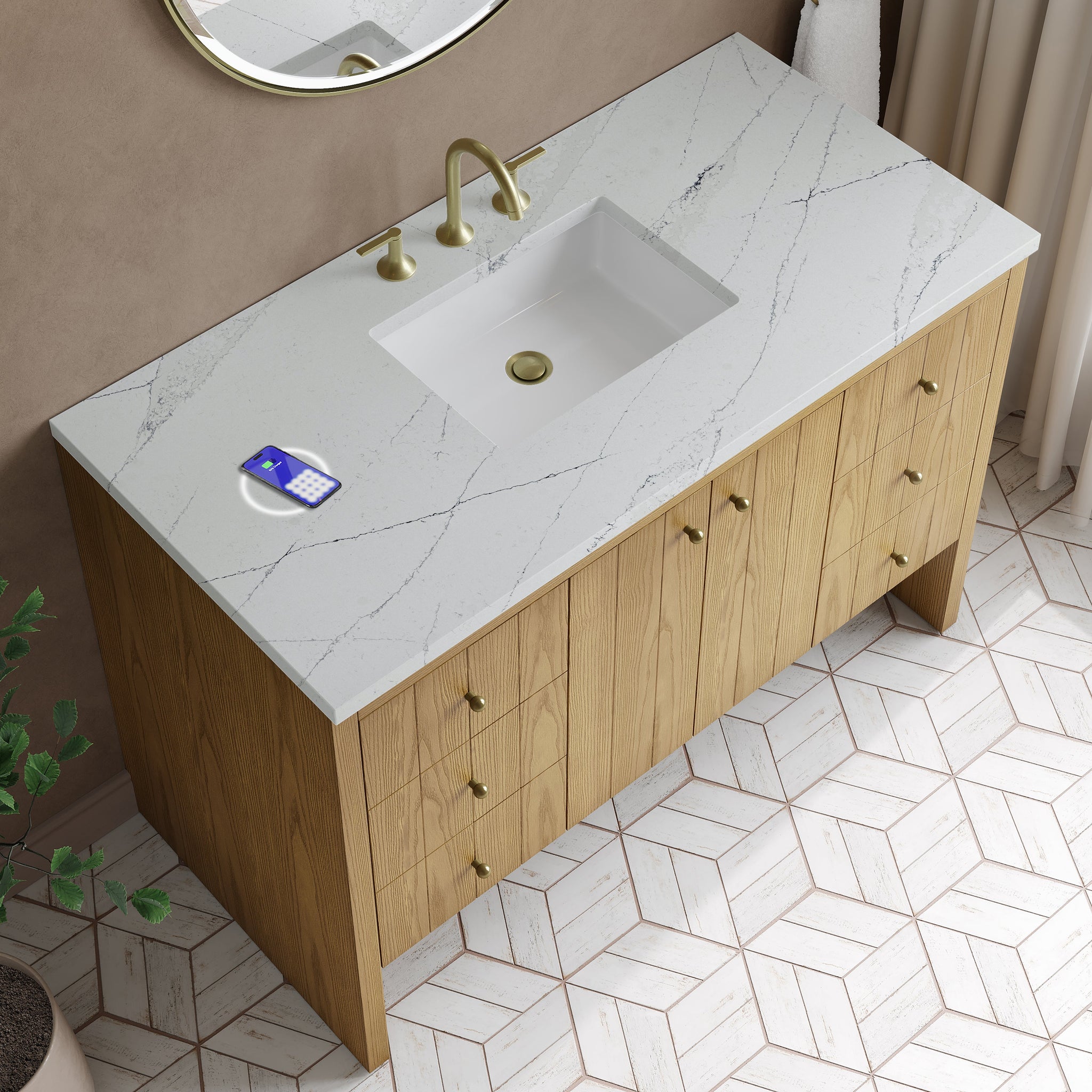 James Martin Hudson 48" Single Bathroom Vanity, Light Natural Oak with Ethereal Noctis (FreePower) countertop