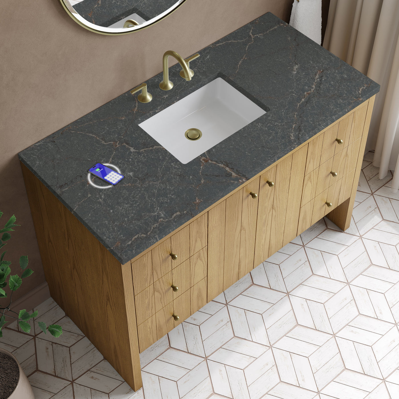 James Martin Hudson 48" Single Bathroom Vanity, Light Natural Oak with Parisien Bleu (FreePower) countertop