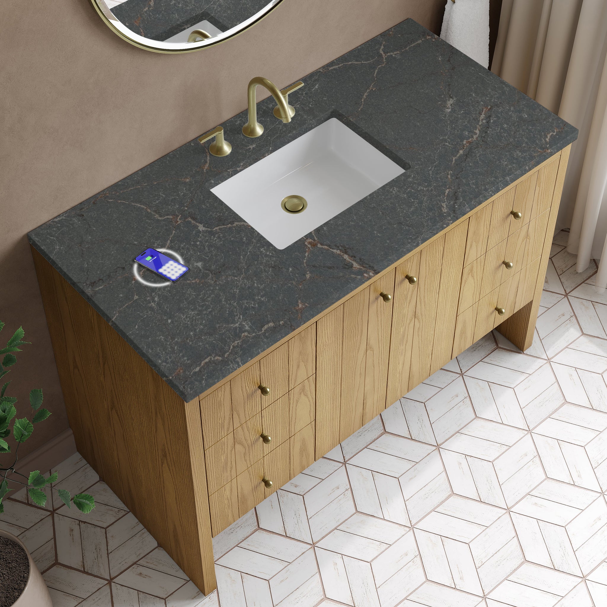 James Martin Hudson 48" Single Bathroom Vanity, Light Natural Oak with Parisien Bleu (FreePower) countertop