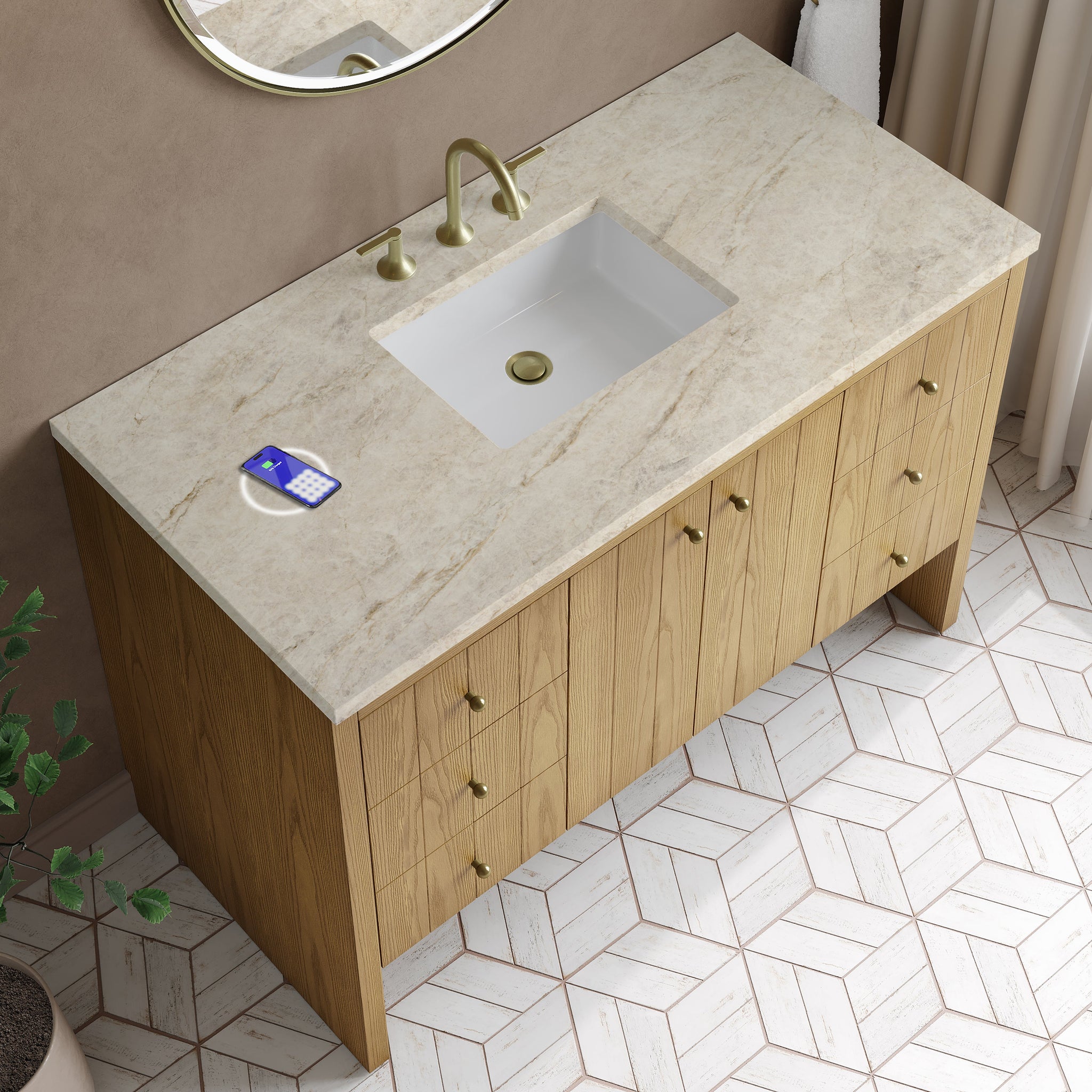 James Martin Hudson 48" Single Bathroom Vanity, Light Natural Oak with Tajnar (FreePower) countertop