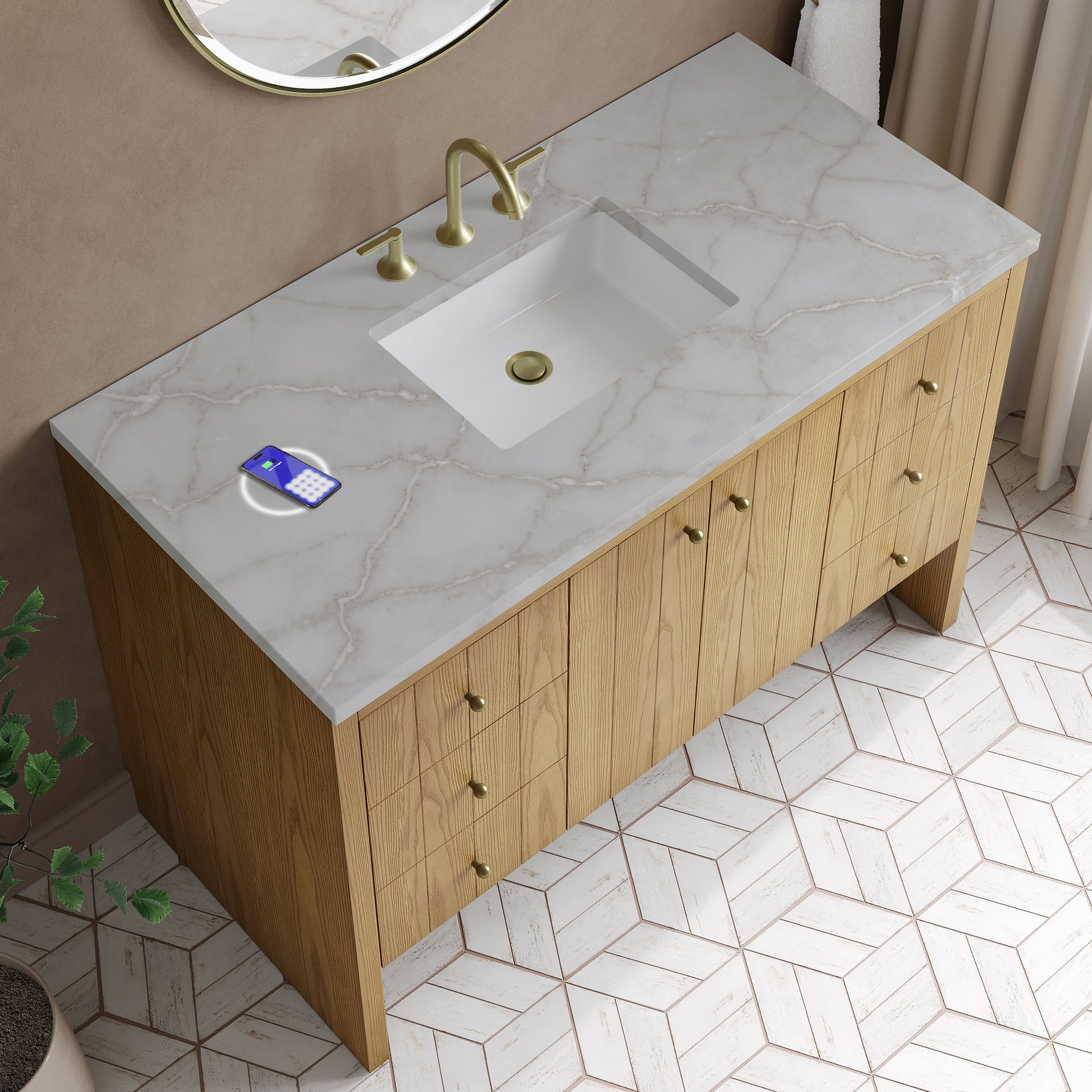 James Martin Hudson 48" Single Bathroom Vanity, Light Natural Oak with Victorian Silver (FreePower) countertop