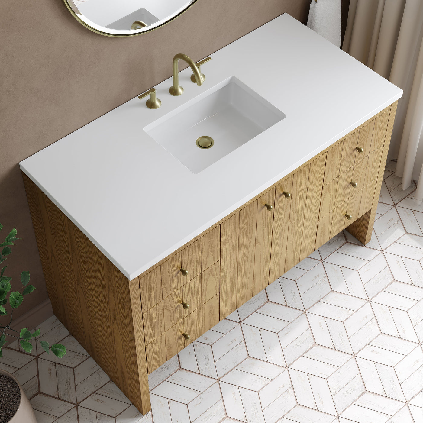 James Martin Hudson 48" Single Bathroom Vanity, Light Natural Oak with White Zeus countertop
