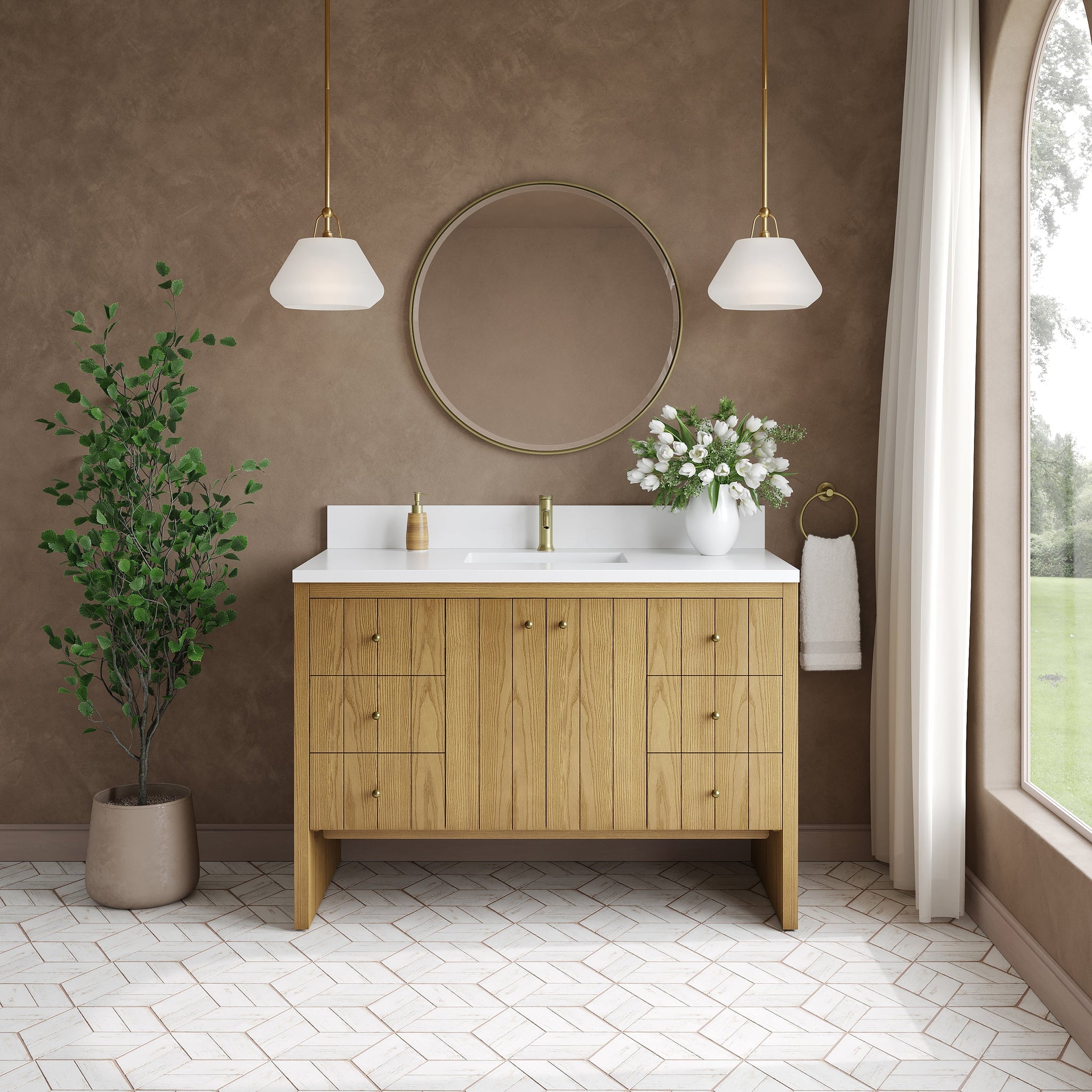 James Martin Hudson 48" Single Bathroom Vanity, Light Natural Oak with White Zeus (Single Hole, with Backsplash) countertop