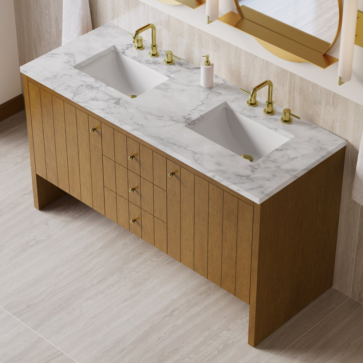 James Martin Hudson 60" Double Bathroom Vanity, Honey Oak with Carrara White countertop