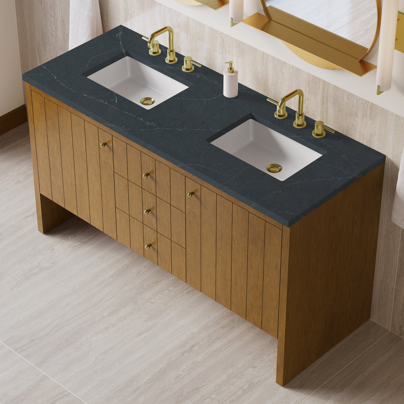 James Martin Hudson 60" Double Bathroom Vanity, Honey Oak with Charcoal Soapstone countertop