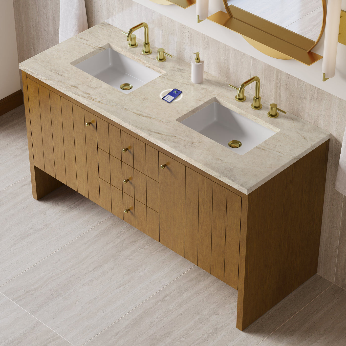 James Martin Hudson 60" Double Bathroom Vanity, Honey Oak with Tajnar (FreePower) countertop
