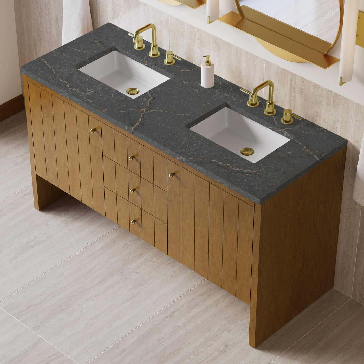 James Martin Hudson 60" Double Bathroom Vanity, Honey Oak with Parisien Bleu countertop
