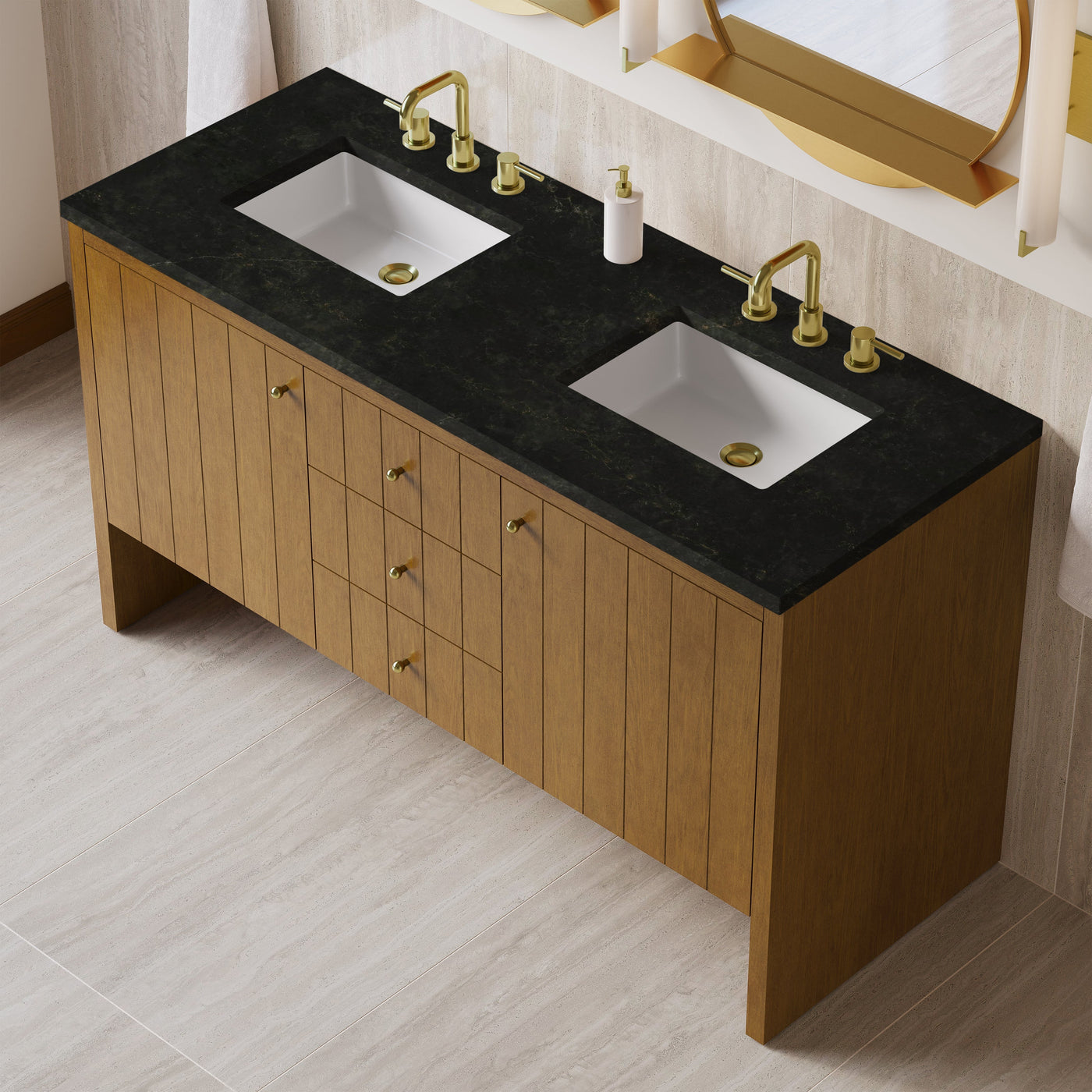 James Martin Hudson 60" Double Bathroom Vanity, Honey Oak with Phantome countertop