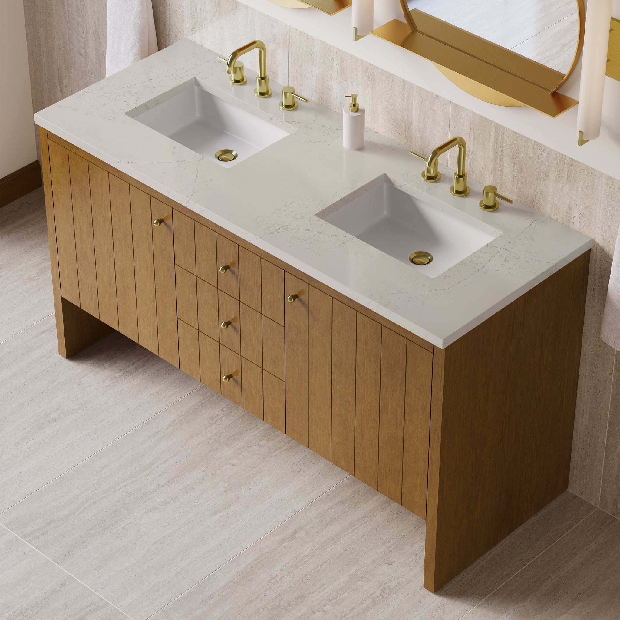 James Martin Hudson 60" Double Bathroom Vanity, Honey Oak with Siberian countertop